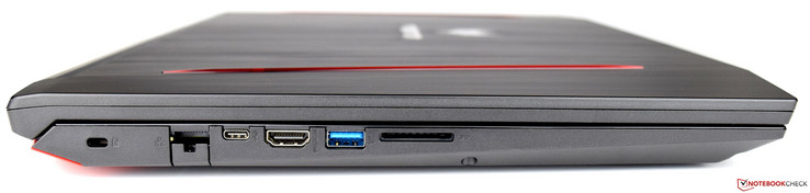Côté gauche : verrou Kensington, RJ45, USB 3.1 type C, HDMI, USB 3.0, lecteur de cartes SD.