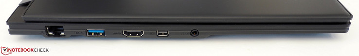 Côté gauche : RJ45-LAN, USB A 3.1 Gen2, HDMI 2.0, mini DisplayPort 1.4, jack audio 3,5 mm.