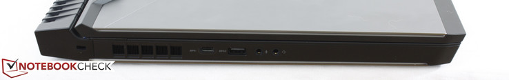Côté gauche: vérrou Noble, USB Type-C Gen. 1, USB 3.0 Type-A, microphone 3,5 mm, prise casque 3,5 mm
