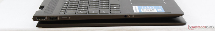 Côté gauche : HDMI 2.0b, USB 3.1, bouton de démarrage, combo audio 3,5 mm.