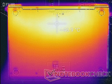 Huawei MateBook X Pro - Relevé thermique : Sollicitations maximales (au-dessous).