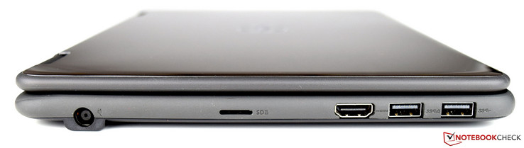 A gauche : entrée secteur, emplacement Micro SD, HDMI, deux USB 3.0 (1 avec PowerShare).