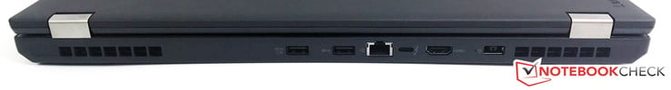 A l'arrière : 2 USB 3.0 (1 always-on), Ethernet Gigabit, USB 3.1 type C (Gen. 2) / Thunderbolt 3, HDMI 1,4 b, entrée secteur.