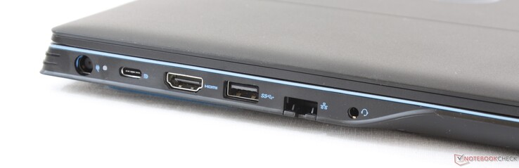 Côté gauche : entrée secteur, USB C + DisplayPort, HDMI 2.0, USB 3.1, RJ-45, 3,5 mm.