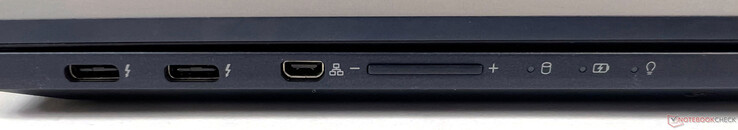 Connecteurs à gauche : 2x Thunderbolt 4 (40GBit/s, DisplayPort ALT mode 1.4, Power Delivery 3.0), 1x Micro HDMI (pour LAN)