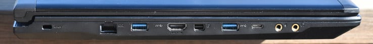 Côté gauche : verrou Kensington, Ethernet Gigabit, USB 3.0, HDMI, mini DisplayPort, USB 3.0, USB C 3.1 Gen 2, microphone, écouteurs.