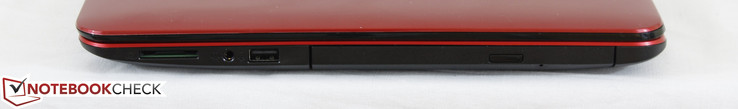 A droite : lecteur SD, combo audio 3,5 mm, USB 2.0, lecteur optique.