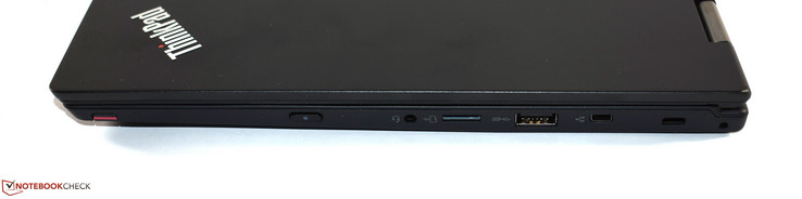 Côté droit : combo audio, lecteur de carte micro SD, USB A 3.0, mini-Ethernet, verrou de sécurité Kensington.