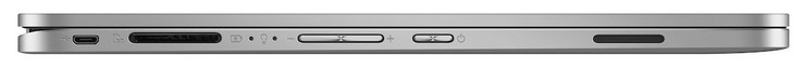 Côté gauche : USB 2.0 (Micro USB), lecteur de carte SD, volume, bouton de démarrage, haut-parleur.