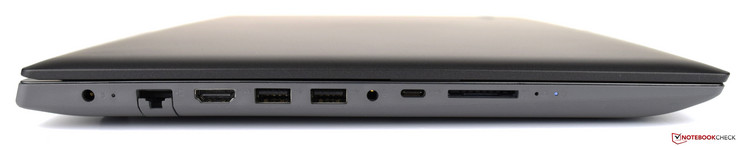 Côté gauche : entrée secteur, Ethernet gigabit, HDMI, 2 USB A 3.1 Gen 1, combo audio jack, USB C 3.1 Gen 1, lecteur de carte SD, bouton Novo, LED de statut.