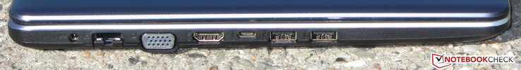 Côté gauche : entrée secteur, Ethernet gigabit, VGA, HDMI, USB C 3.1 Gen 1, 2 USB A 3.1 Gen 1