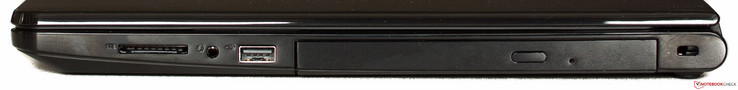 Côté droit : lecteur de carte SD, audio in/out, USB 2.0, DVD, Kensington.