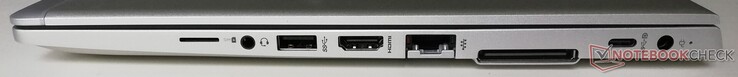 Côté droit : lecteur de carte SIM, combo audio jack, 1 USB 3.1 Gen.1, HDMI, LAN, port pour station d'accueil, 1 USB C 3.1, entrée secteur.