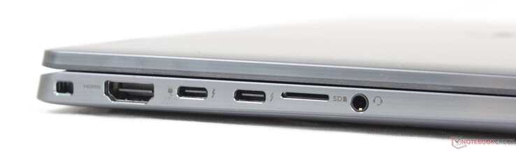 À gauche : fente de verrouillage, HDMI 2.0, 2x USB-C avec Thunderbolt 4 + DisplayPort + Power Delivery, lecteur MicroSD, prise audio 3,5 mm