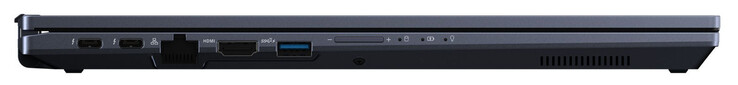Côté gauche : 2x Thunderbolt 4 (USB-C ; Power Delivery, Displayport), Gigabit Ethernet, HDMI, USB 3.2 Gen 2 (USB-A), bascule de volume