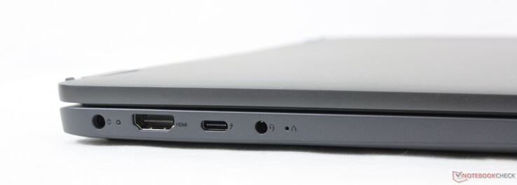 À gauche : adaptateur secteur, HDMI 1.4b, USB-C 3.2 Gen. 2 avec Thunderbolt 4 + DisplayPort + Power Delivery, casque de 3,5 mm