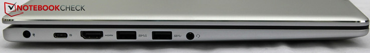 Côté gauche : entrée secteur, USB C 3.1 (avec mini DisplayPort + charge), USB A 3.1 Gen 1 (avec PowerShare), USB A 3.1 Gen 1, écouteurs / microphone.