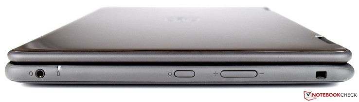 A droite : combo stéréo jack, bouton d'allumage, volume, porte de verrouillage Noble (profile Wedge).