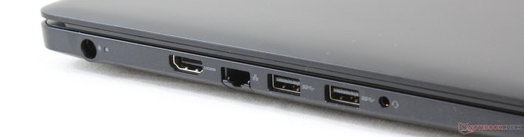 Côté gauche : entrée secteur, HDMI 2.0, RJ-45, 2 USB 3.0, combo audio 3,5 mm.