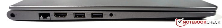 Côté gauche : entrée secteur, LAN, HDMI, USB 3.0 avec PowerShare, USB 3.0, combo audio.