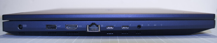 Prise creuse pour l'alimentation ; USB Type-A 3.1 Gen 2 ; LAN (RJ45) ; 2x USB Type-C avec Thunderbolt 4 et PowerDelivery ; 3.5 mm combo audio