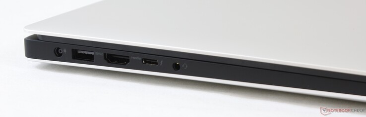 Côté gauche : entrée secteur, USB 3.1 Gen. 1, HDMI 2.0, USB C + Thunderbolt 3, combo 3,5 mm.