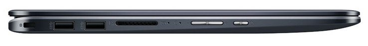 Côté gauche : verrou Kensington, deux USB A 2.0, lecteur de carte SD, bouton de volume, bouton de démarrage.