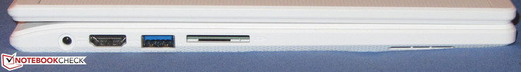 Côté gauche : entrée secteur, HDMI, USB A 3.1 Gen 1, lecteur de carte SD (SDXC).