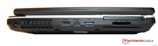 Gauche: Alimentation, HDMI, Firewire, USB 3.0, Express Card, lecteur de cartes, SmartCard