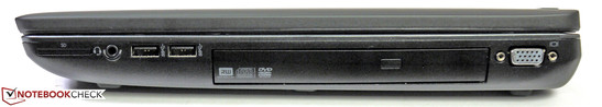 Face droite : lecteur de cartes mémoires, prise audio, USB 2.0, USB 3.0, lecteur optique, VGA.