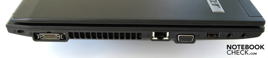 Left: Kensington Security Slot, docking port, fan, RJ45 (LAN), VGA, USB 2.0, microphone, headphone