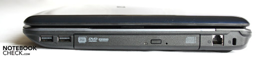 Right: 2 x USB, DVD drive, modem
