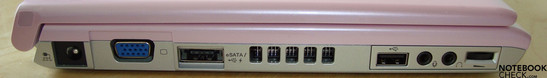 Flanc gauche: prise d'alimentation, sortie VGA, eSATA/USB, ventilateur, USB, audio (écouteurs, Micro), Molette