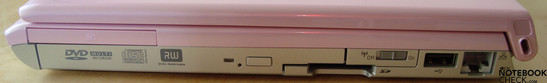 Flanc droit: lecteur optique, fente Express Card 54, lecteur de carte, interrupteur WLAN, USB, LAN, Verrou Kensington