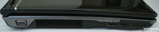Flanc gauche: VGA, ventilateur, Firewire, USB 2.0/HDMI, eSATA, lecteur de carte