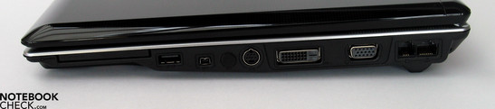 À droite: ExpressCard, USB, Firewire, S-Video, DVI-D, VGA, Modem, Réseau