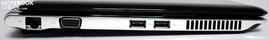 Flanc gauche: Gigabit -LAN, VGA, 2xUSB, Aérations