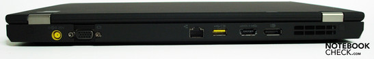 Rear: Power socket, VGA, network, powered USB connection, USB/eSATA combination, display port