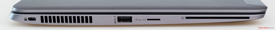 Côté gauche : port Kensington, grille d'aération, USB 3.0, lecteur de cartes mémoires micro SD, lecteur de cartes à puce.
