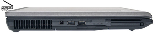 Flanc gauche: Trous d'aération, FireWire, 2x USB-2.0, ExpressCard/54, Lecteur de cartes 5en1, PC-Card, SmartCard