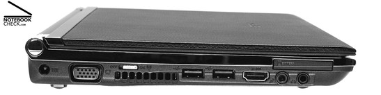 Flanc Gauche: Prise d'Alimentation, VGA, Commutateur du Sans fil, Grille d'aération, 2x USB-2.0, Port μ-DVI, Microphone, Ecouteurs (S/PDIF), ExpressCard/34