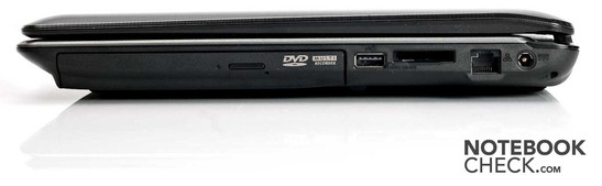 Right: Optical Disc Drive, 1x USB 2.0, 4-in-1 Card Reader (MC/SD/Memory Stick (Pro)), LAN, Power Connector