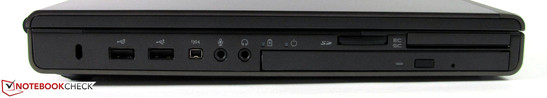 Gauche: Kensington-Lock, 2x USB 2.0, FireWire, audio in/out, lecteur de cartes, ExpressCard/54 et smart card, graveur Blu-ray
