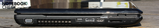 gauche: VGA, USB, eSATA/USB, HDMI, ExpressCard, lecteur de cartes (SD/SDHC/MS/MSPro)