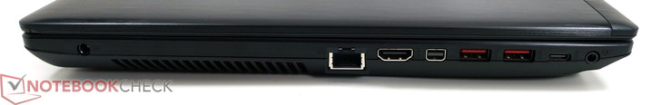 Côté gauche: connecteur de charge, LAN RJ-45, HDMI, Mini-DisplayPort, 2x USB 3.0, USB 3.0 Type-C.