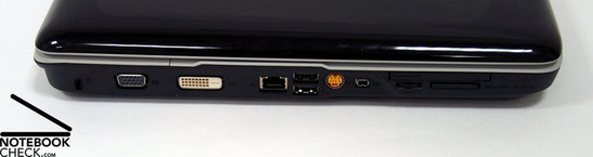 Flanc gauche: Verrou Kensington , VGA, DVI-D, LAN, 2x USB, S-Video, Firewire, Lecteur de cartes, ExpressCard