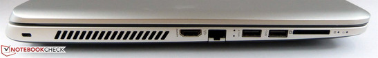 HDMI, Gigabit LAN, 2x USB, le lecteur de cartes SD, l'extraction d'air, le port sécurité Kensington à gauche