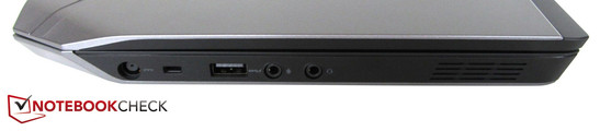 A gauche : alimentation AC, verrou Noble, USB 3.0, jack microphone, jack sortie audio