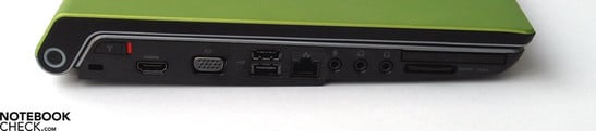 Flanc Gauche: Verrou Kensington, HDMI, Sortie VGA, 2x USB 2.0, LAN, Ports Audio, ExpressCard, Lecteur de Cartes SD