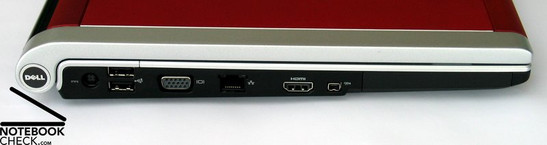 Flanc gauche: Alimentation, 2 x USB 2.0, Sortie VGA, LAN, HDMI, Firewire
